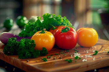 Canvas Print - A wooden cutting board with a variety of vegetables including tomatoes, peppers