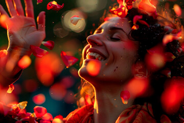 Wall Mural - A woman is smiling and surrounded by red petals
