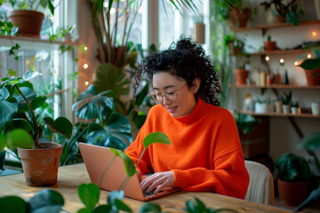 Wall Mural - A woman is sitting at a table with a laptop in front of her