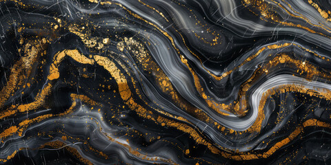 Wall Mural - Black and white swirls with golden accents, creating an abstract background with fluid lines of color, evoking the feeling of liquid gold flowing through dark waters.