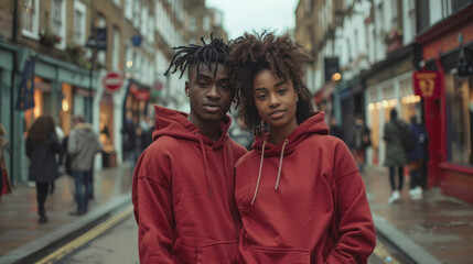 A young man and woman wearing maroon blank hoodies standing on the street, with an urban cityscape with buildings and people walking in the background.