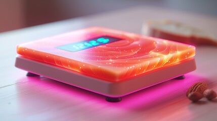 A vibrant 3D illustration of a high-tech kitchen scale, with its digital display and modern design, placed on a simple, light-colored background for focus.