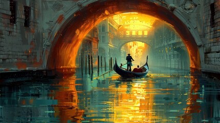A blank-style design of an elegant gondola in Venice, with a gondolier rowing through narrow canals under stone bridges
