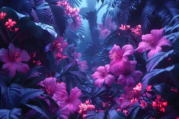 Wall Mural - Neon-Drenched Botanical Sanctuary:A Vibrant Floral Oasis in a Moody,Atmospheric Synth-Wave Realm