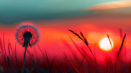 Wall Mural - dandelion at sunset . Freedom to Wish. Dandelion silhouette fluffy flower on sunset sky. Seed macro closeup. Soft focus. Goodbye Summer. Hope and dreaming concept. Fragility. Springtime.