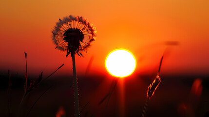 Wall Mural - dandelion at sunset . Freedom to Wish. Dandelion silhouette fluffy flower on sunset sky. Seed macro closeup. Soft focus. Goodbye Summer. Hope and dreaming concept. Fragility. Springtime.