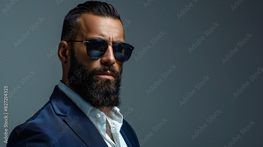 Handsome mestizo bodyguard with beard and shades, posing against gray ...