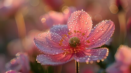Wall Mural - A single pink flower softly lit by morning sunlight, with dewdrops glistening on its petals
