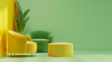 Wall Mural - yellow and green color chairs, sofa, armchair in empty background. surrounding by geometric shape Concept of minimalism & installation art. 3d rendering mock up 