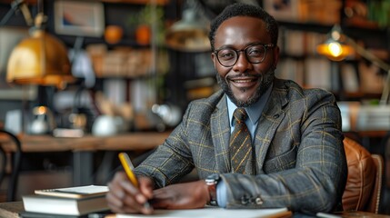 Poster - businessman investor wealthy ethnic ceo corporate leader qualified attorney banker and masculine office worker while working at office