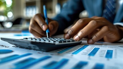 Poster - close up of an accountant working on a finance investment report at the office on a calculator accounting taxes and financial advisor performing asset management calculations in the office