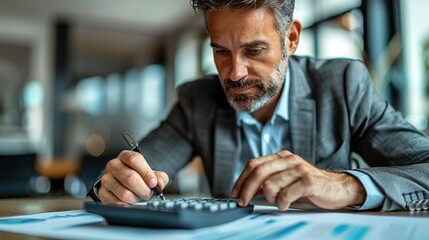 Poster - close up of an accountant working on a finance investment report at the office on a calculator accounting taxes and financial advisor performing asset management calculations in the office