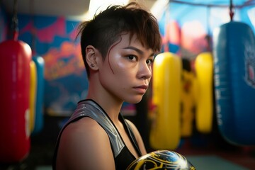 Wall Mural - portrait of empowered woman in colorful boxing gym