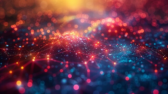 A high-tech visualization of artificial intelligence, featuring a neural network with colorful, glowing connections, set against a vibrant background with a bokeh effect to convey technological