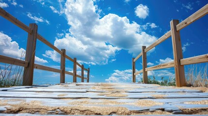 Wall Mural - Wooden walkway under the clear blue sky filled with fluffy white clouds
