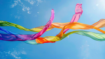Wall Mural - rainbow colour silk ribbons flying on blue sky background