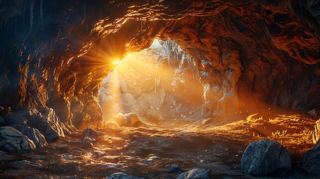 a cave illuminated by sunlight through a hole