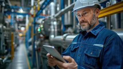Poster - engineer works on a tablet in a factory