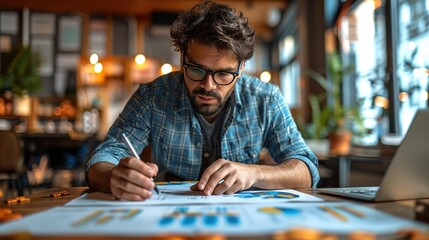 Poster - salesperson analyzes past sales problems and plans for the next quarter marketing staff analyzes figures from past sales plans and makes marketing plans