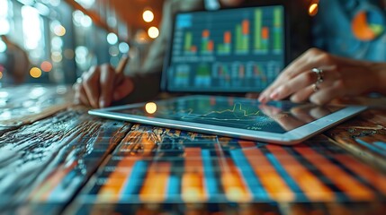 Poster - coworkers in a business partnership write cost work progress and use a tablet to analyze graph compa