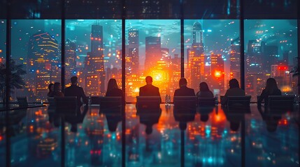 Poster - double exposure of virtual screen and colleagues at business meeting in office
