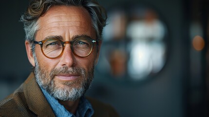 Wall Mural - portrait of a mature businessman wearing glasses on grey background