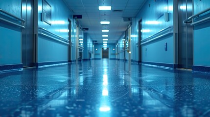 Poster - an vacant commercial corridor or shopping center defocused medical and hospital corridor background with contemporary laboratory