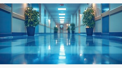 Poster - an vacant commercial corridor or shopping center defocused medical and hospital corridor background with contemporary laboratory