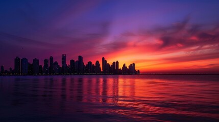 Canvas Print - Stunning views of the city skyline in the distance. The silhouette contrasts with the colorful sunset.