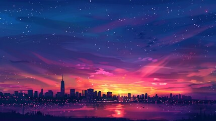 Wall Mural - Stunning views of the city skyline in the distance. The silhouette contrasts with the colorful sunset.