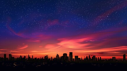 Wall Mural - Stunning views of the city skyline in the distance. The silhouette contrasts with the colorful sunset.