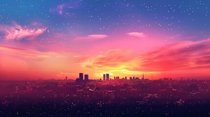 Wall Mural - Stunning views of the city skyline in the distance. The silhouette contrasts with the colorful sunset.