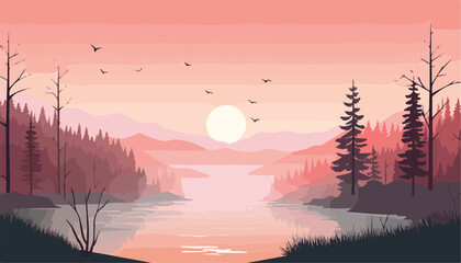 Wall Mural - Landscape with lake, forest and mountains at sunset. Vector illustration