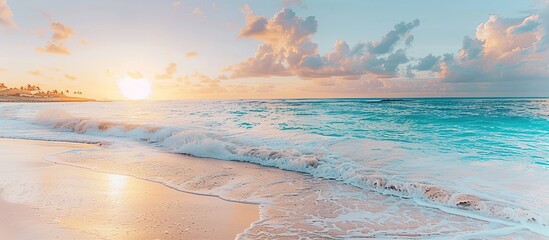 The ocean is calm and the sun is setting, creating a beautiful and serene atmosphere.