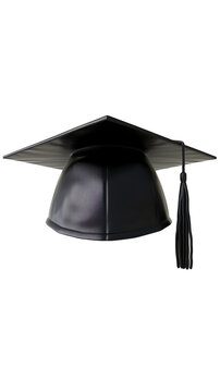 Black graduation cap with tassel isolated on white background, symbolizing achievement and academic success.