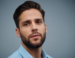 Wall Mural - A man with a beard and a blue shirt is looking at the camera