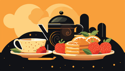 Wall Mural - Vector illustration of a breakfast with pancakes, tea, orange and strawberries.