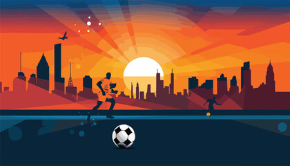 Wall Mural - Soccer player running with ball on the background of the city. Vector illustration