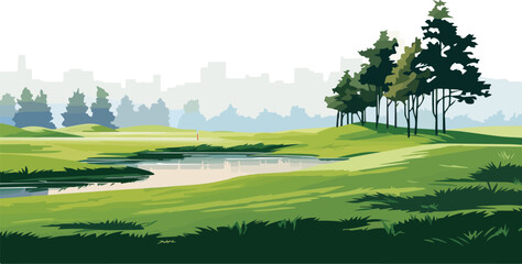 Wall Mural - Vector illustration of a golf course with a view of the city.