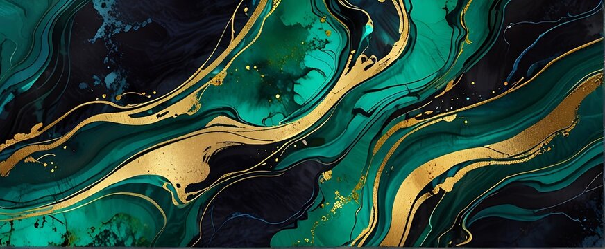 Abstract Marble Wave Acrylic Background. Unique texture of emerald green and black Marble with golden Ripple Pattern.