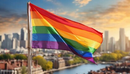 waving lgbt flag against the backdrop of a big city and skyscrapers, queer gay pride month, the fight against homophobia