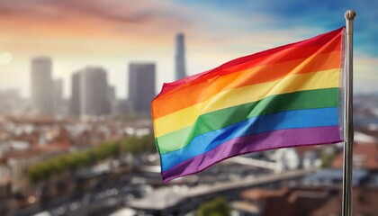 waving lgbt flag against the backdrop of a big city and skyscrapers, queer gay pride month, the fight against homophobia