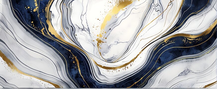 Abstract Marble Wave Acrylic Background. Unique texture of black and old blue Marble with golden Ripple Pattern.