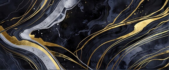 Abstract Marble Wave Acrylic Background. Unique texture of black and grey Marble with golden Ripple Pattern.