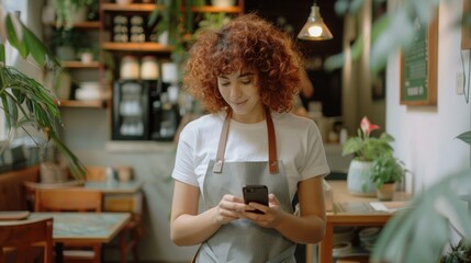 Wall Mural - The barista using phone