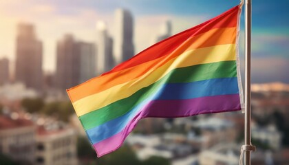 waving lgbt flag against the backdrop of a big city and skyscrapers, queer gay pride month, the fight against homophobia