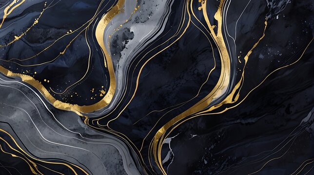 Abstract Marble Wave Acrylic Background. Unique texture of black and grey Marble with golden Ripple Pattern.