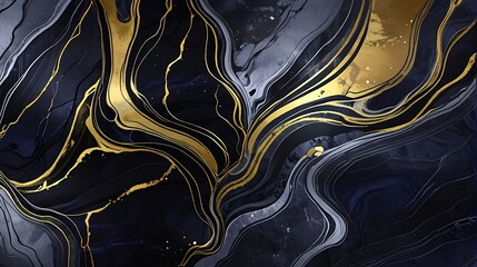 Abstract Marble Wave Acrylic Background. Unique texture of black and grey Marble with golden Ripple Pattern.