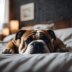 Wall Mural - AI generated illustration of a cute bulldog lying on the bed