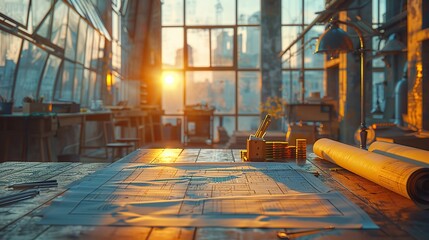 Poster - concept architect and desk of architectural project in construction site or office building with mining light